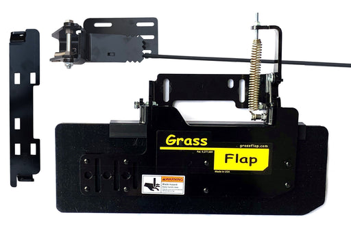 GrassFlap™ brand chute blocker model 44SP70-5D-A23 installed on Scag 32" V-Ride 2 with SED foot pedal and scag no-drill mount.