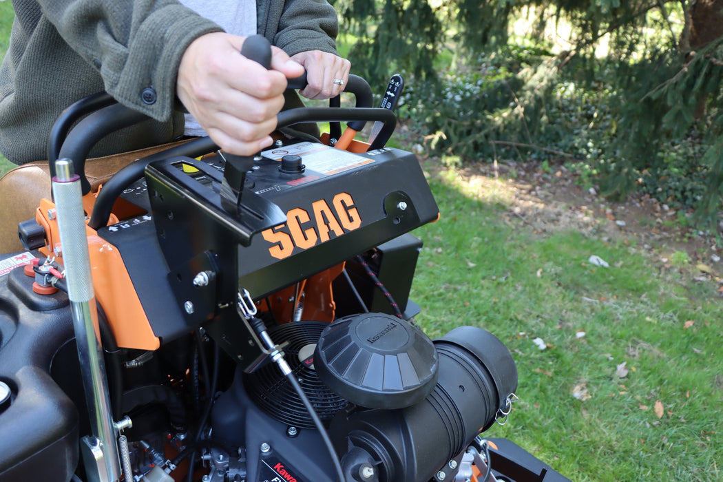 41SM50-H5L-B14 GrassFlap™ Brand Chute Blocker with steel plate, H5L hand lever, Scag No-Drill Mount, and Hand Lever Mount 1253.