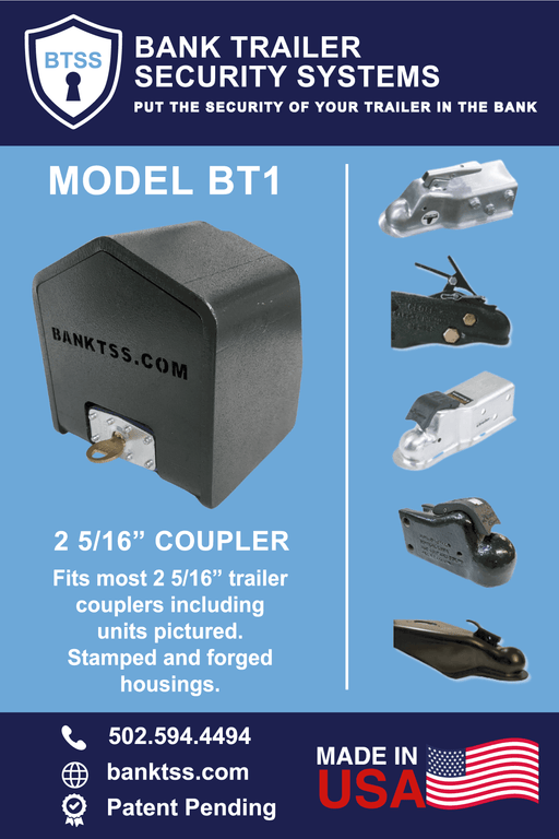 BankTSS BT1 Coupler Lock fits 2-5/16" ball with 4 1/4" flange, includes Master Lock padlock, 2 keys, and lifetime housing warranty.