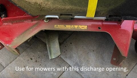 GrassFlap™ brand chute blocker direct bold kit with steel blocker plate, SED pedal, and cover plate installed on Toro TimeCutter zero turn mower.