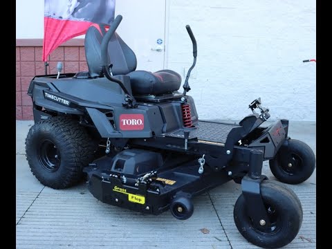 Toro TimeCutter® MyRIDE® 61" zero turn mower with GrassFlap™ Brand Chute Blocker shown during no-drill installation overview.