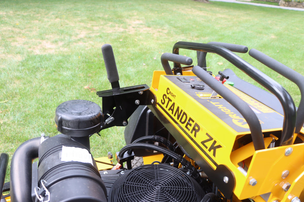A76 hand lever mount 1281 GrassFlap™ on a Wright Stander ZK commercial zero turn mower